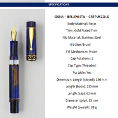GIOIA Bellevista Crepuscola Fountain Ink Pen Blue-Brown Resin Barrel & Cap with Gold Plated Broad Nib and Trims,Piston Ink Filling System-Does Not Support Cartridge/Converter