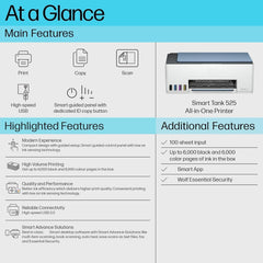 H P Smart Tank 525 All in one Colour Printer (Upto 6000 Black and 6000 Colour Pages Included in The Box). - Print, Scan & Copy for Office/Home