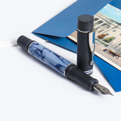GIOIA Alleria Mare Fountain Ink Pen Blue-Black Resin Barrel & Cap with Rhodium Plated Broad Nib and Trims Piston Ink Filling System-Does Not Support Cartridge/Converter