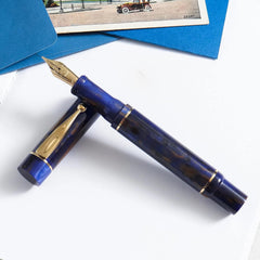 GIOIA Alleria Crepuscola Fountain Ink Pen Blue-Brown Resin Barrel & Cap with Gold Plated Medium Nib and Trims, Piston Ink Filling System-Does Not Support Cartridge/Converter
