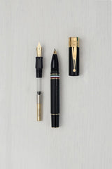 GIOIA Partenope Fountain Ink Pen and Rollerball Pen with an Interchangeable Grip Section, Black Resin Barrel & Cap with Gold Plated Medium Nib and Trims