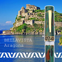 GIOIA Medium Nib Fountain Ink Pen | Bellevista Aragona | Green Red Marbled Resin Barrel & Cap with Gold Plated Nib and Trims | Piston Filler