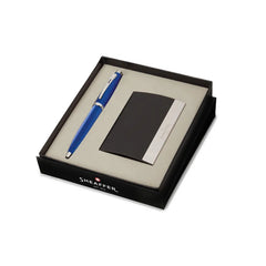 Sheaffer Gift Set 100 Ballpoint Pen with Business Card Holder Glossy Blue with Chrome Trims