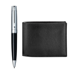 Sheaffer Set 9314 Gift 300 Ballpoint Pen - Glossy Black Barrel Chrome Cap with Chrome-Plating and Slim Wallet