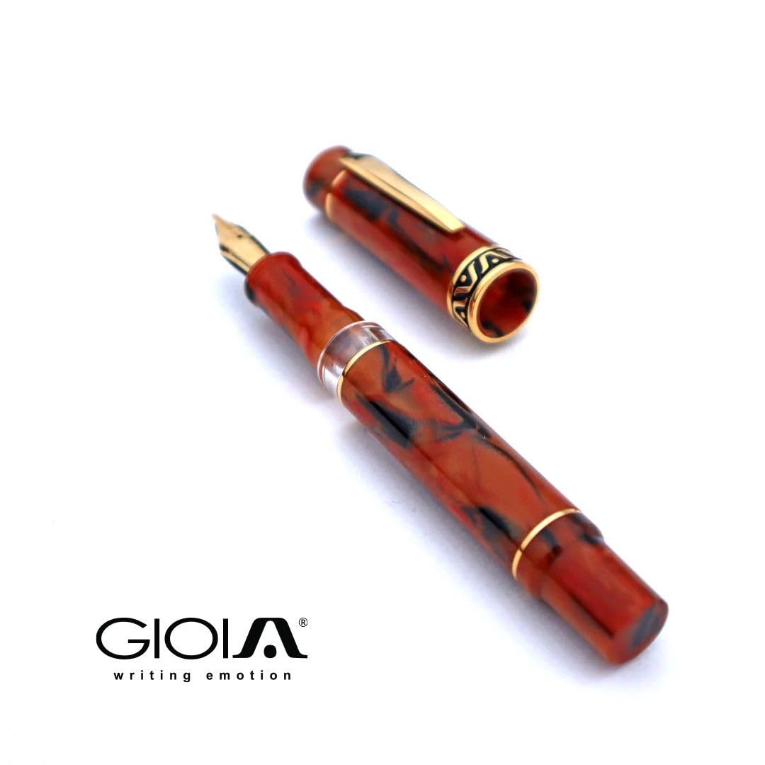 GIOIA Fine Nib Fountain Ink Pen | Bellevista Terra Di Napoli | Red Resin Barrel & Cap with Gold Plated Nib and Trims | Piston Filler