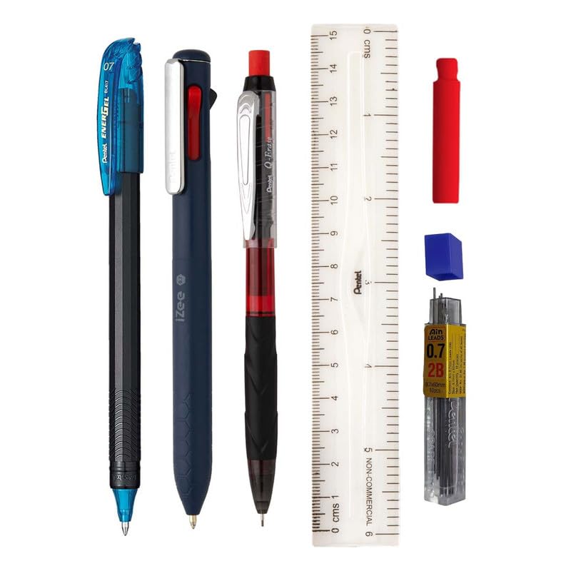Pentel Regular Kit | Izee Click 4 in 1 Pen, Energel Gel Pen (0.7mm), Pentel 0.7mm 2B Mechanical Pencil | with 15cm Transparent Plastic Ruler and 2B Lead | Pack of 1