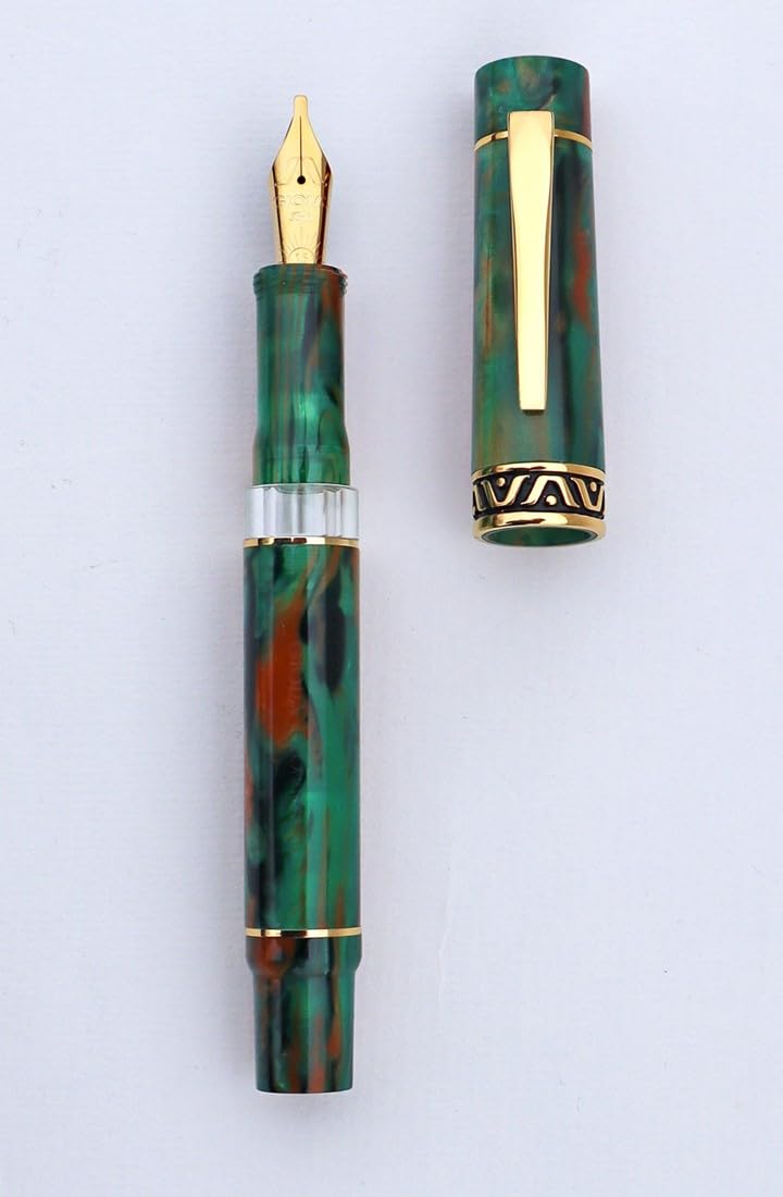 GIOIA Medium Nib Fountain Ink Pen | Bellevista Aragona | Green Red Marbled Resin Barrel & Cap with Gold Plated Nib and Trims | Piston Filler