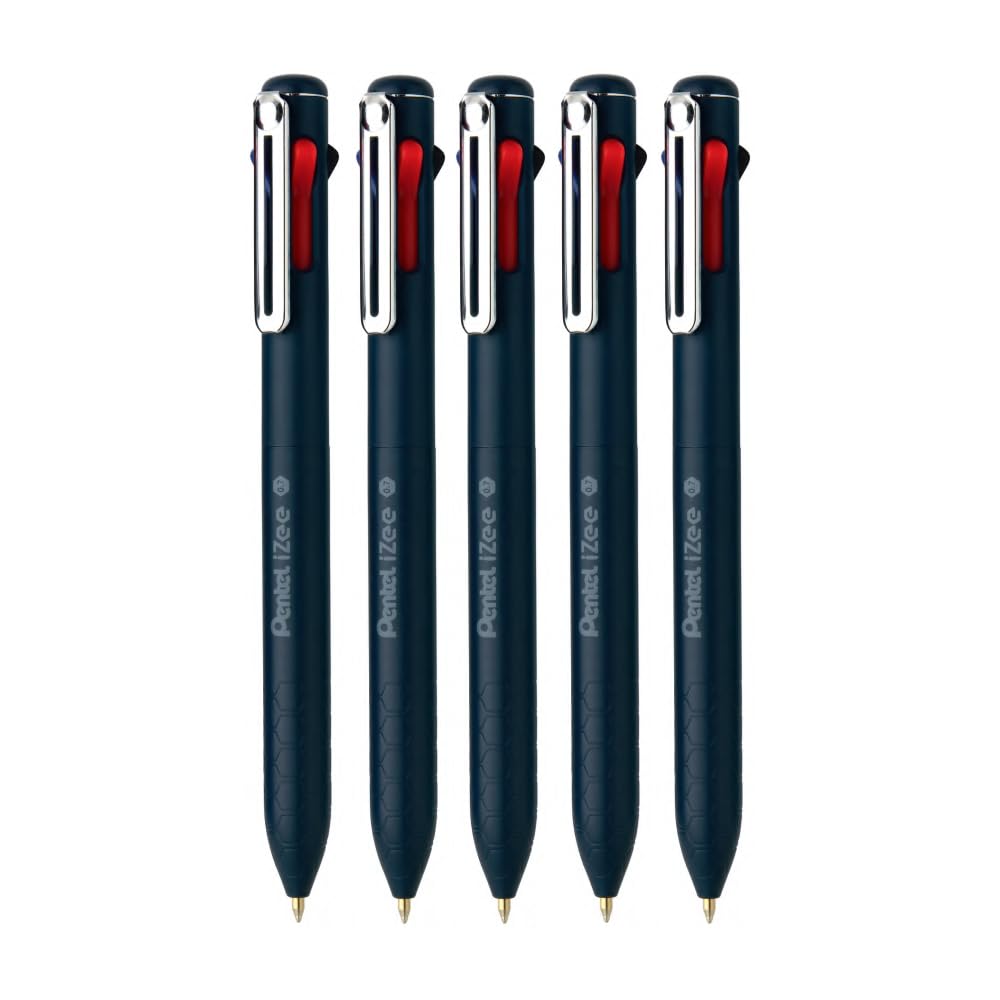 Pentel iZee 4 in 1 Ball Point Pen | Honeycomb Grip For Better Control & Stress-Free Writing | Metal Clip For Professional Look | Pack of 5 (0.7MM - Dark Blue Body)