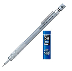 Pentel Graph Gear PG515A 0.5 mm Drafting Mechanical Pencil, silver Metal Pencil, Ain Stein HB Lead Tube (40 Leads)