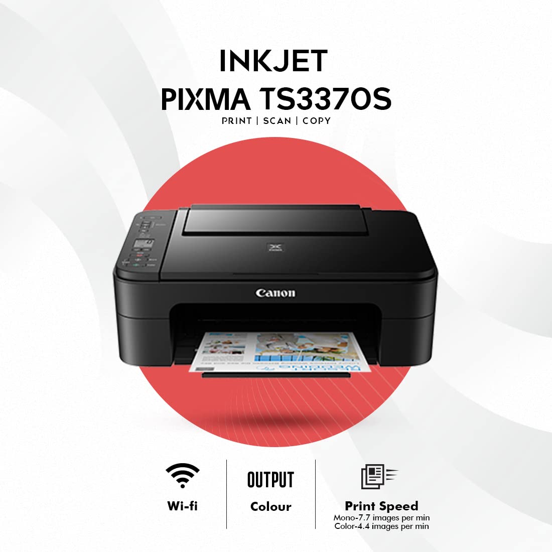 Canon PIXMA TS3370s All in One (Print, Scan, Copy) WiFi Inkjet Colour Printer for Home