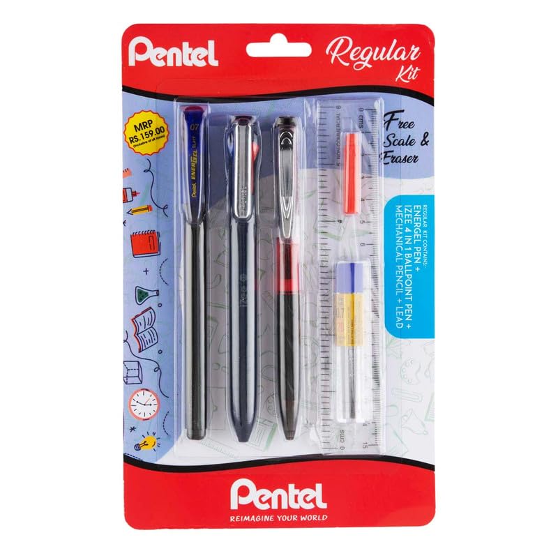 Pentel Regular Kit | Izee Click 4 in 1 Pen, Energel Gel Pen (0.7mm), Pentel 0.7mm 2B Mechanical Pencil | with 15cm Transparent Plastic Ruler and 2B Lead | Pack of 1