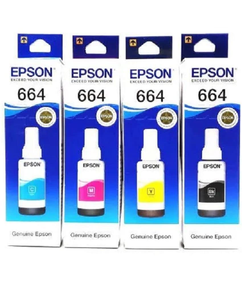 Epson T664 Ink Bottle (Cyan, Magenta, Yellow, Black) Ink Tank Printer L100, L200, L210, L220, L300, L310, L350, L355-70 ML Each Bottle