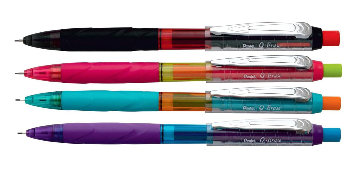 Pentel Q-Erase Qe420 Mechanical Pencil | Lead Of Grade Hb | Long Lasting Jumbo Eraser With Retractable Mechanism | Ribbed Grip (4, 0.5 Mm - 4 Body Colours), Ink black