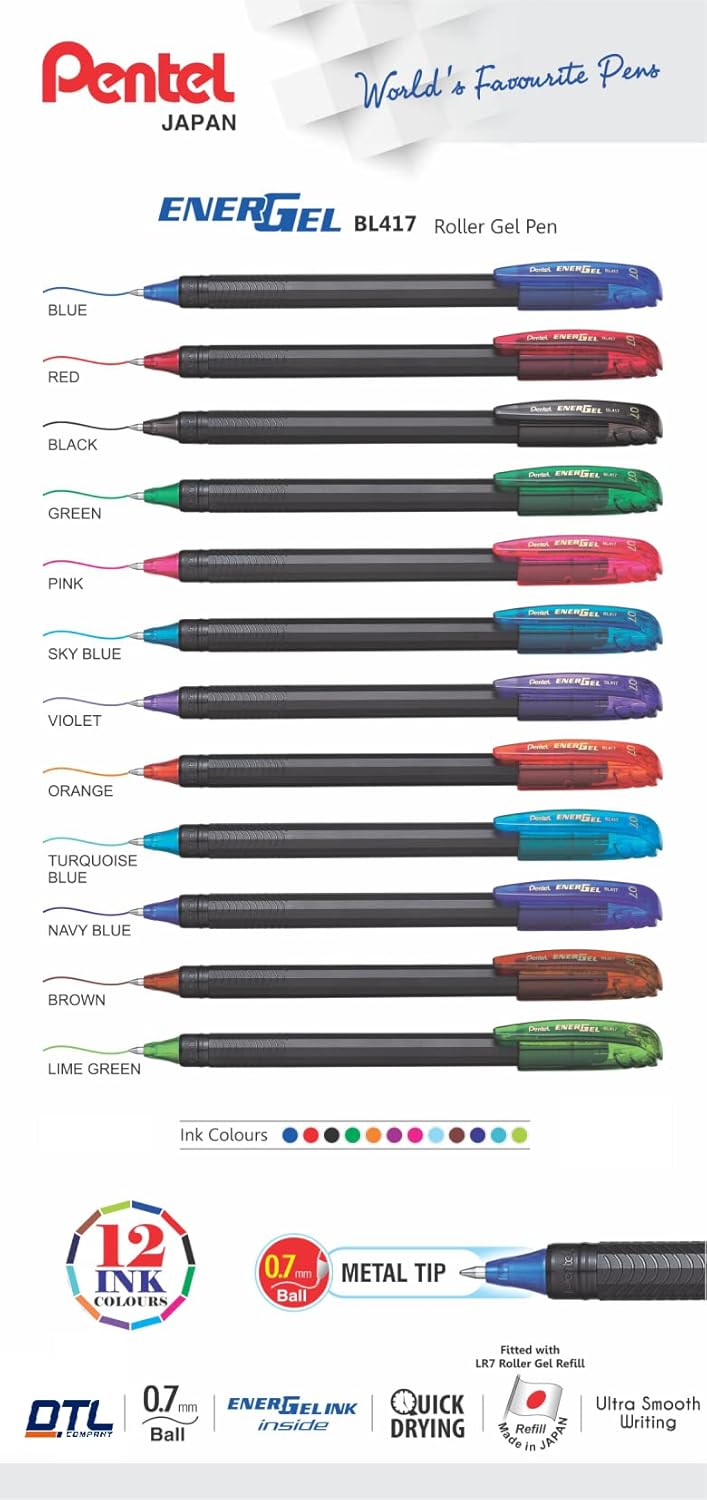 Pentel Energel 0.7Mm Metal Tip Roller Gel Pen (Multicolour Set Of 12) With Free Pen By Dtl Company.