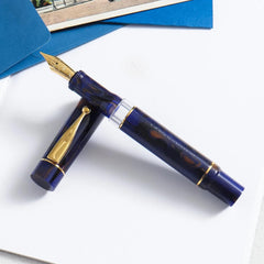 GIOIA Bellevista Crepuscola Fountain Ink Pen Blue-Brown Resin Barrel & Cap with Gold Plated Broad Nib and Trims,Piston Ink Filling System-Does Not Support Cartridge/Converter