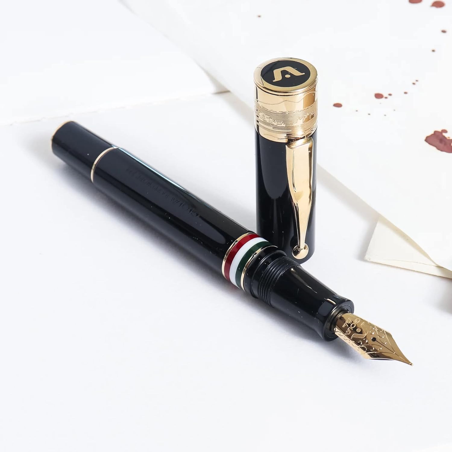 GIOIA Partenope Fountain Ink Pen and Rollerball Pen with an Interchangeable Grip Section, Black Resin Barrel & Cap with Gold Plated Medium Nib and Trims