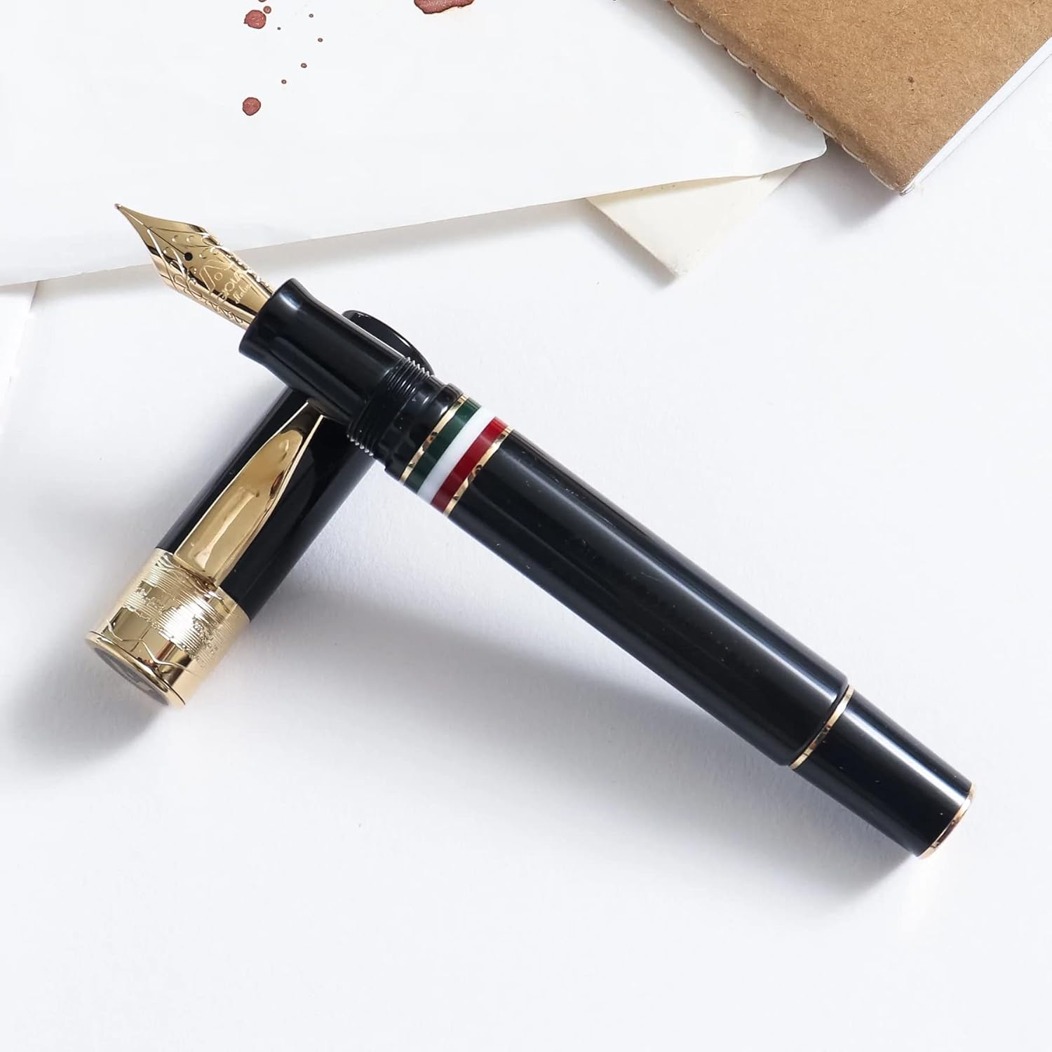 GIOIA Partenope Fountain Ink Pen and Rollerball Pen with an Interchangeable Grip Section, Black Resin Barrel & Cap with Gold Plated Medium Nib and Trims
