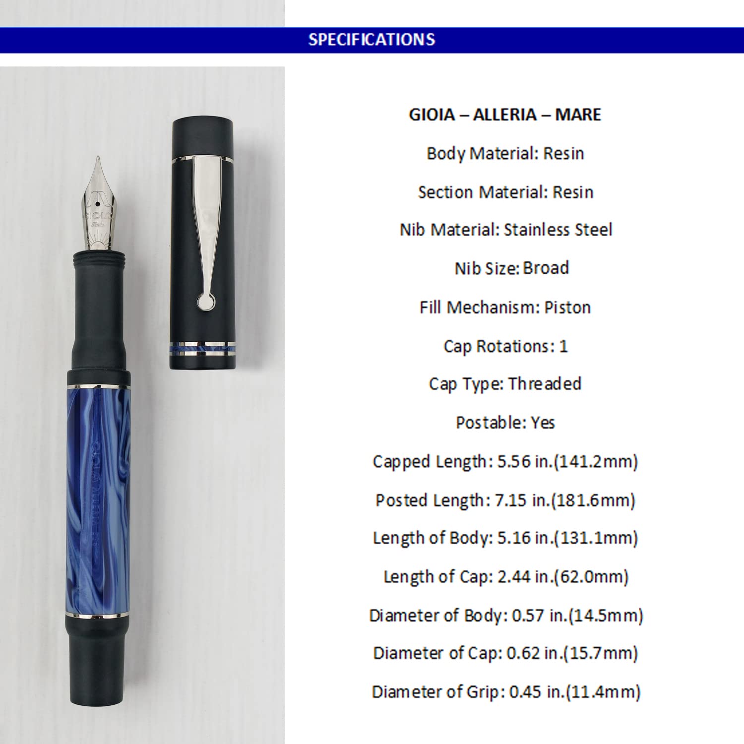 GIOIA Alleria Mare Fountain Ink Pen Blue-Black Resin Barrel & Cap with Rhodium Plated Broad Nib and Trims Piston Ink Filling System-Does Not Support Cartridge/Converter