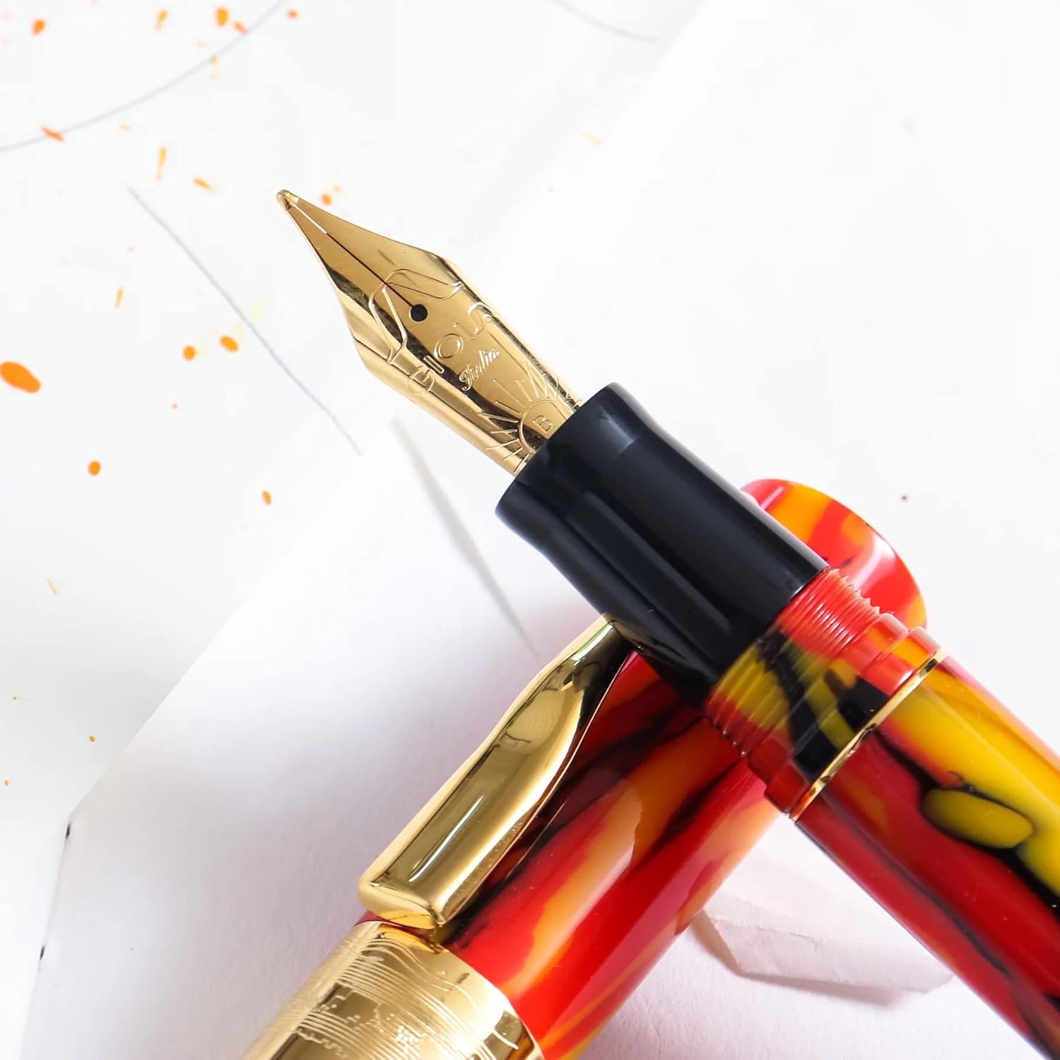 GIOIA Partenope Fountain Ink Pen and Rollerball Pen with an Interchangeable Grip Section, Fiamma Flame Resin Barrel & Cap with Gold Plated Fine Nib and Trims