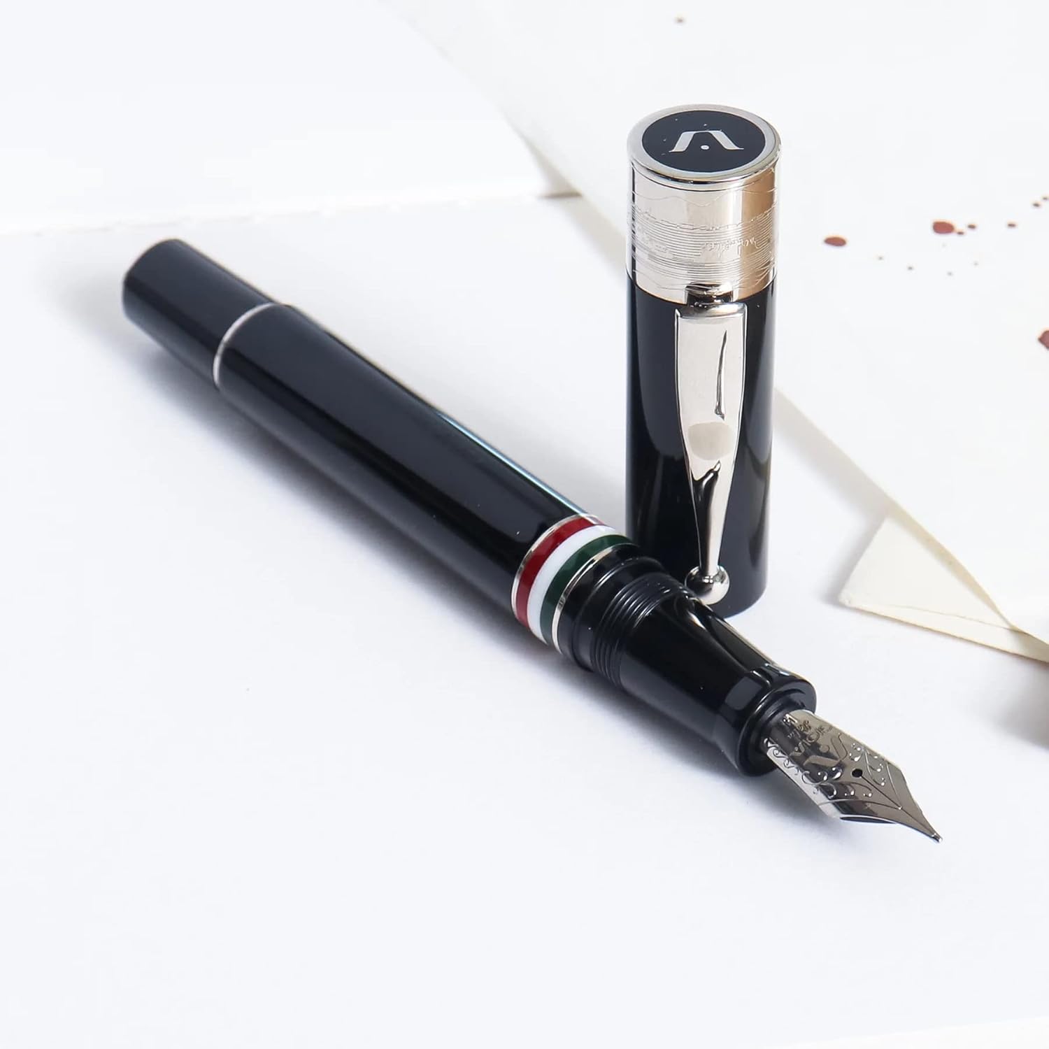 GIOIA Partenope Fountain Ink Pen and Rollerball Pen with an Interchangeable Grip Section, Black Resin Barrel & Cap with Rhodium Plated Broad Nib and Trims