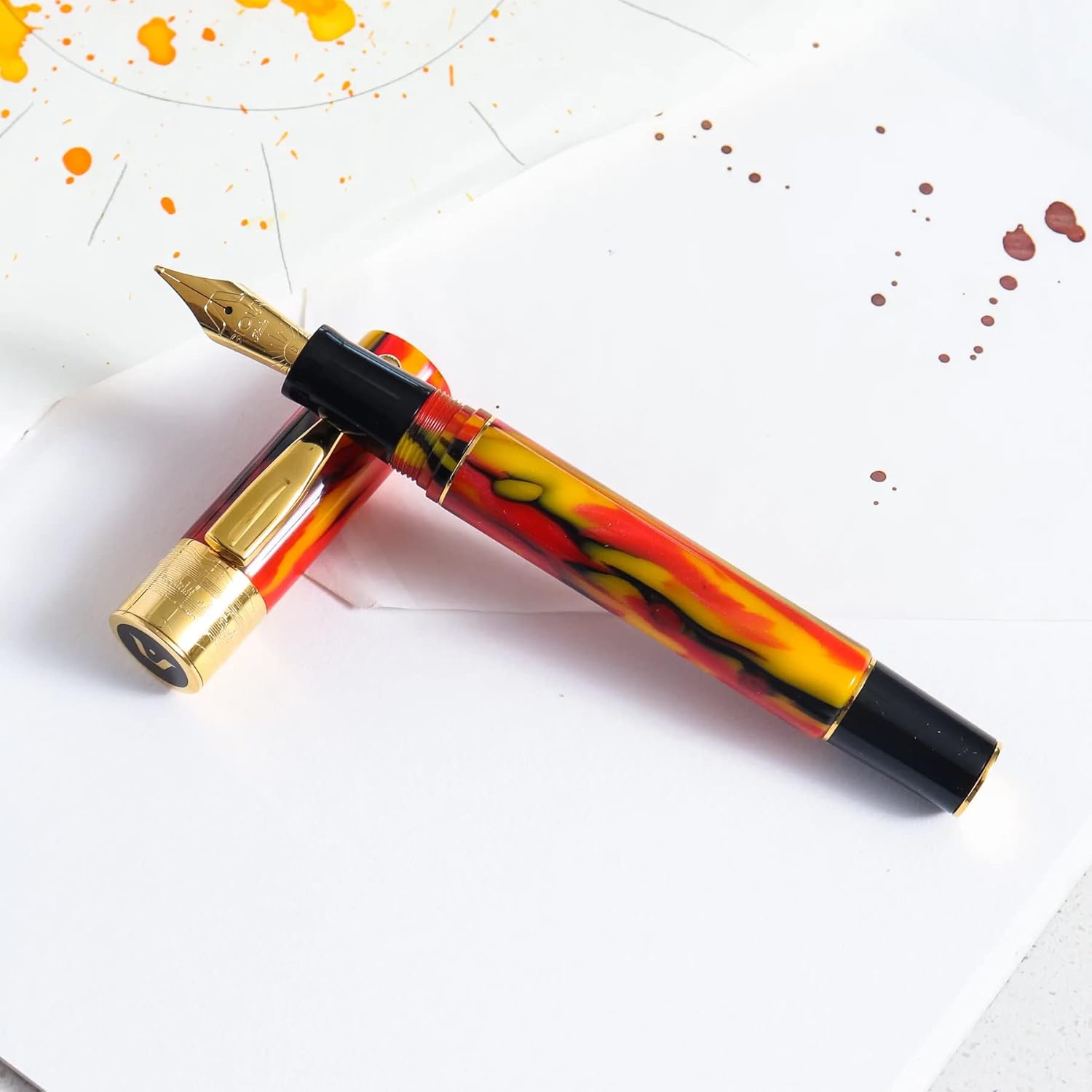 GIOIA Partenope Fountain Ink Pen and Rollerball Pen with an Interchangeable Grip Section, Fiamma Flame Resin Barrel & Cap with Gold Plated Fine Nib and Trims