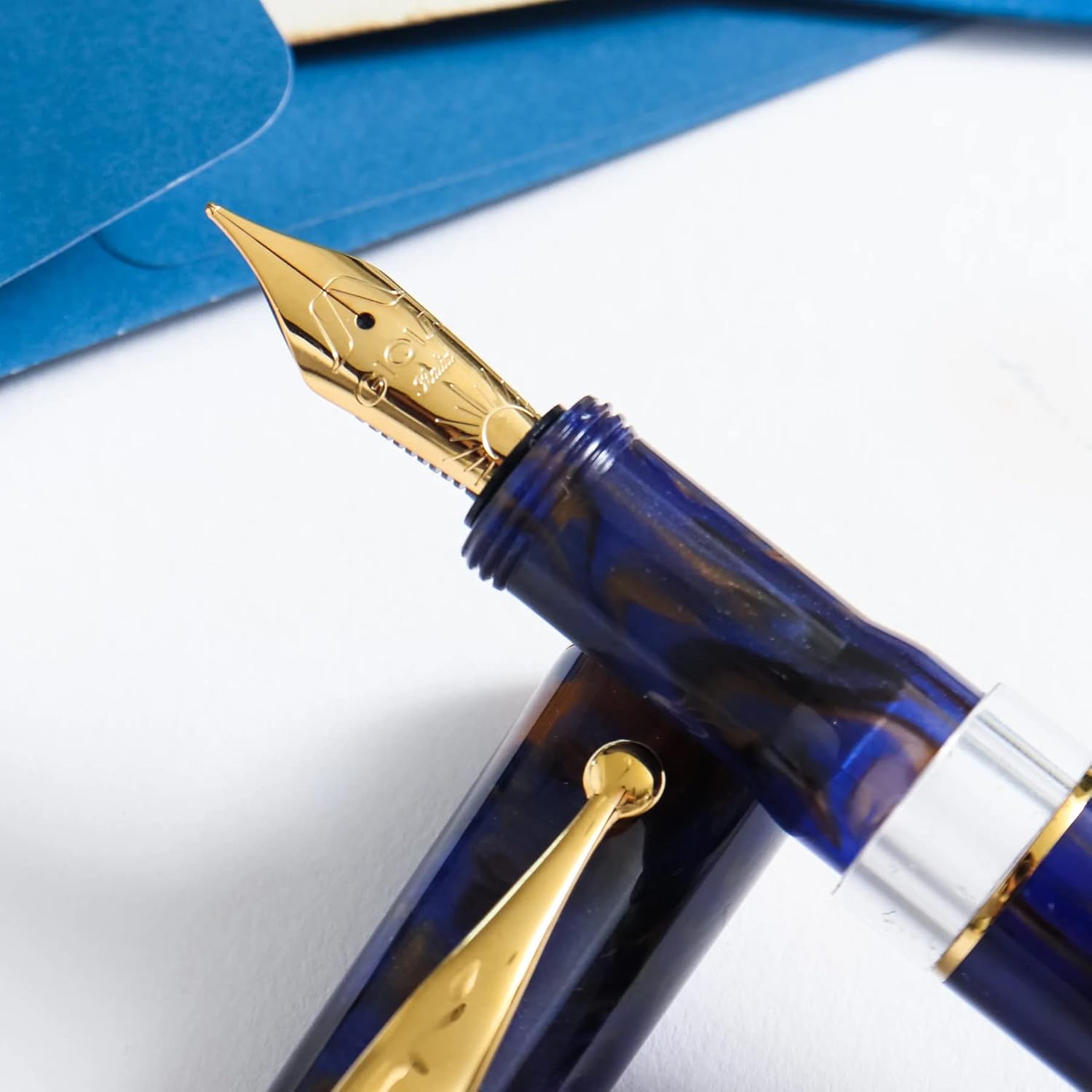 GIOIA Bellevista Crepuscola Fountain Ink Pen Blue-Brown Resin Barrel & Cap with Gold Plated Broad Nib and Trims,Piston Ink Filling System-Does Not Support Cartridge/Converter