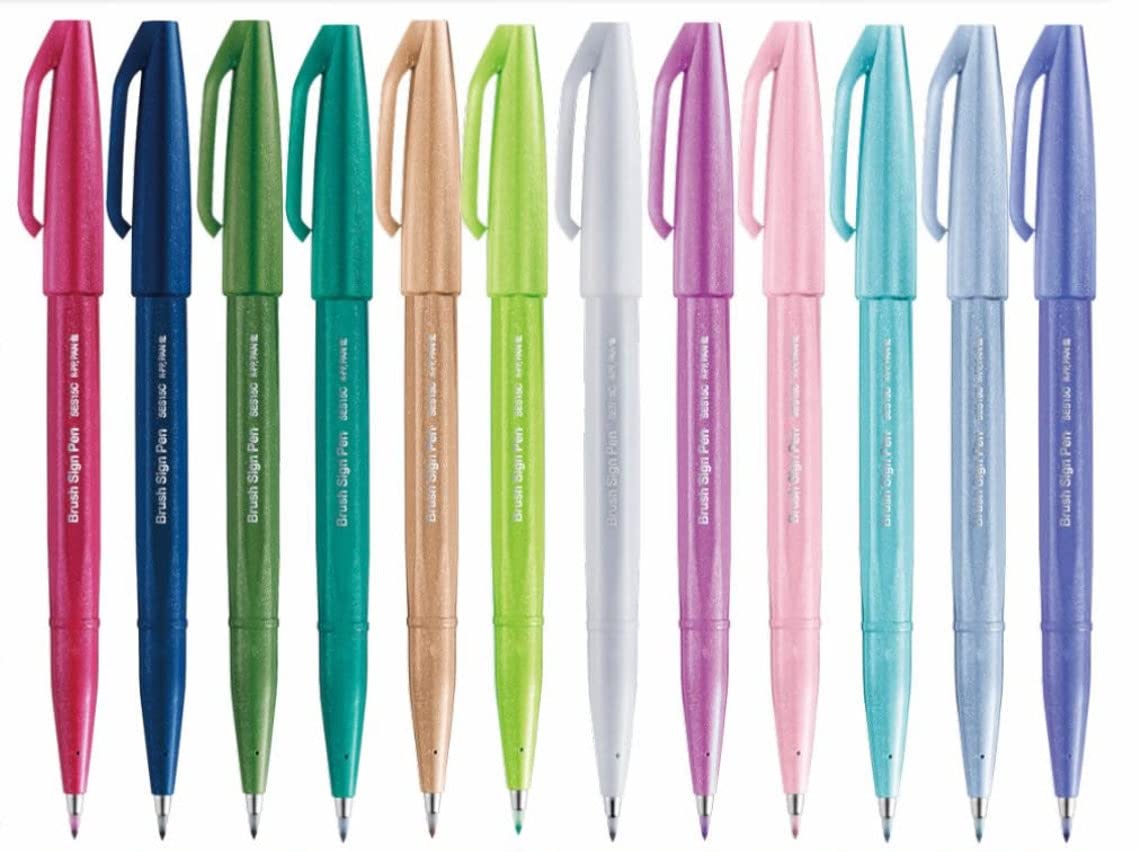 Pentel Brush Sign Pen Ses15C-12 Pastel Colours,Assorted