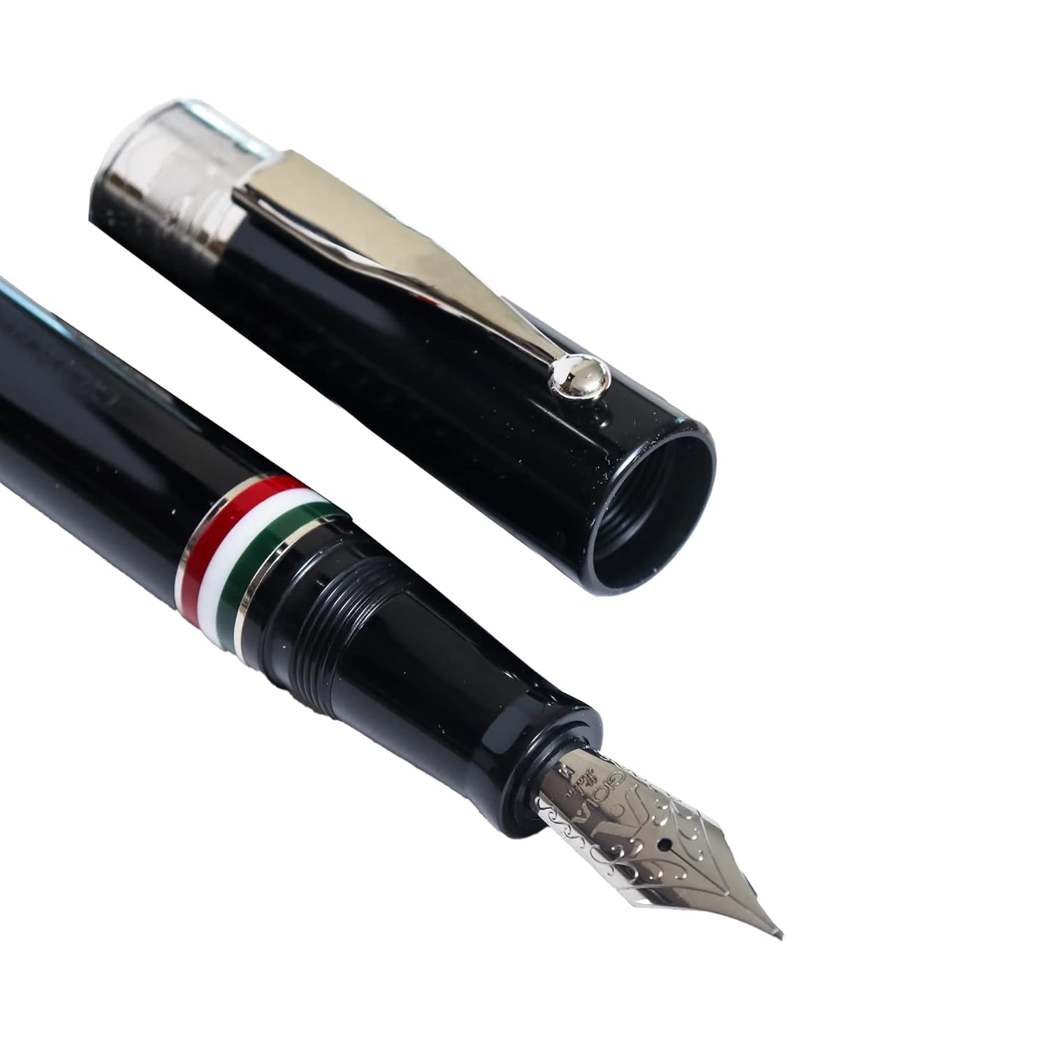 GIOIA Partenope Fountain Ink Pen and Rollerball Pen with an Interchangeable Grip Section, Black Resin Barrel & Cap with Rhodium Plated Broad Nib and Trims