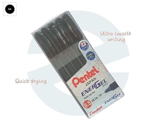 Pentel Energel Roller Gel Pen 0.5mm Metal Tip - 5 Pcs By DTL Company (Black)