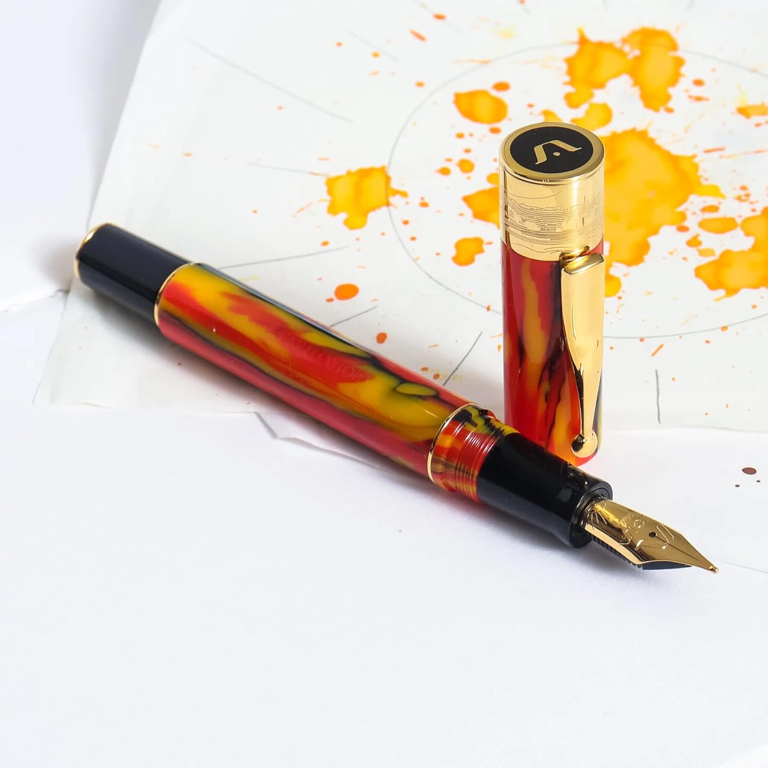 GIOIA Partenope Fountain Ink Pen and Rollerball Pen with an Interchangeable Grip Section, Fiamma Flame Resin Barrel & Cap with Gold Plated Fine Nib and Trims