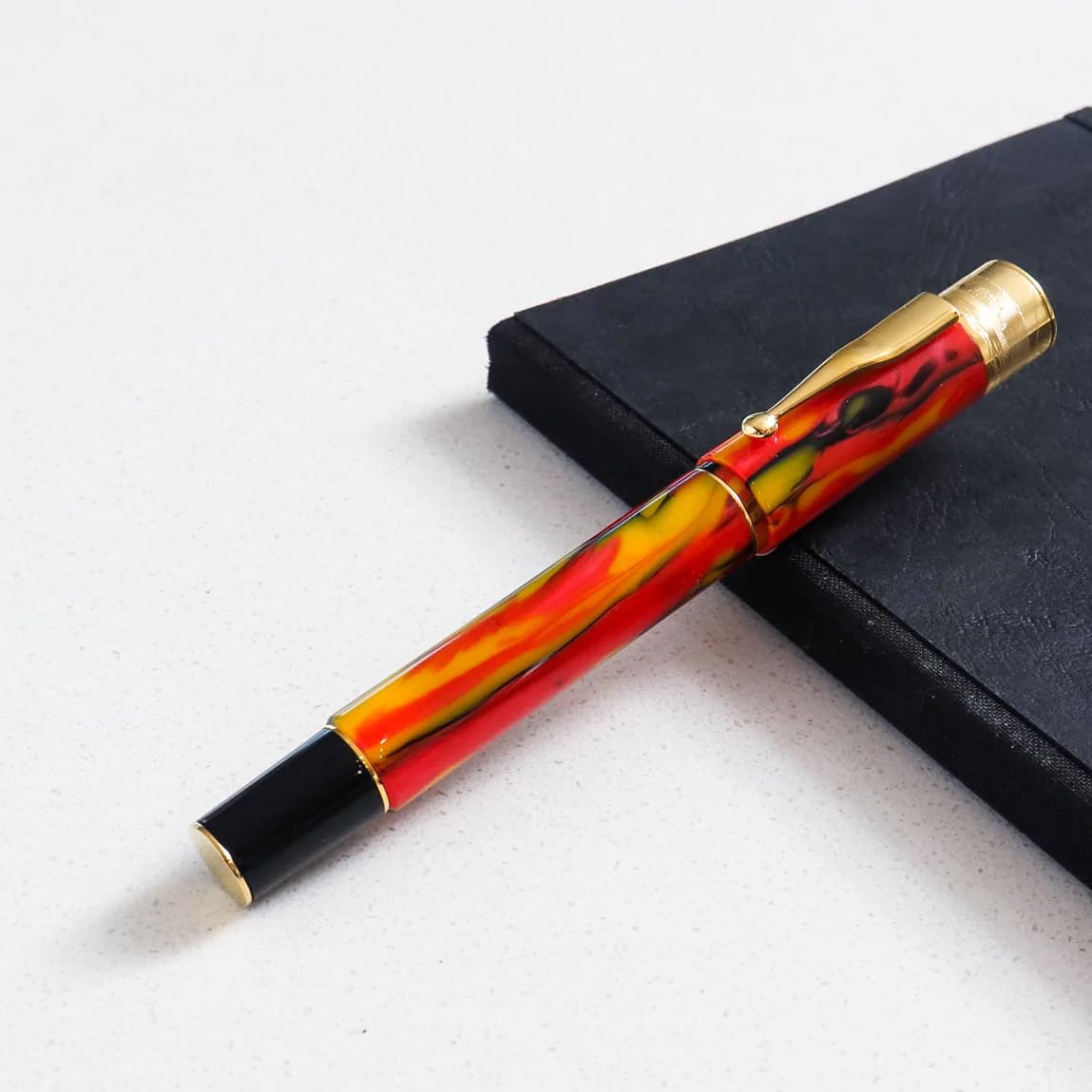 GIOIA Partenope Fountain Ink Pen and Rollerball Pen with an Interchangeable Grip Section, Fiamma Flame Resin Barrel & Cap with Gold Plated Fine Nib and Trims
