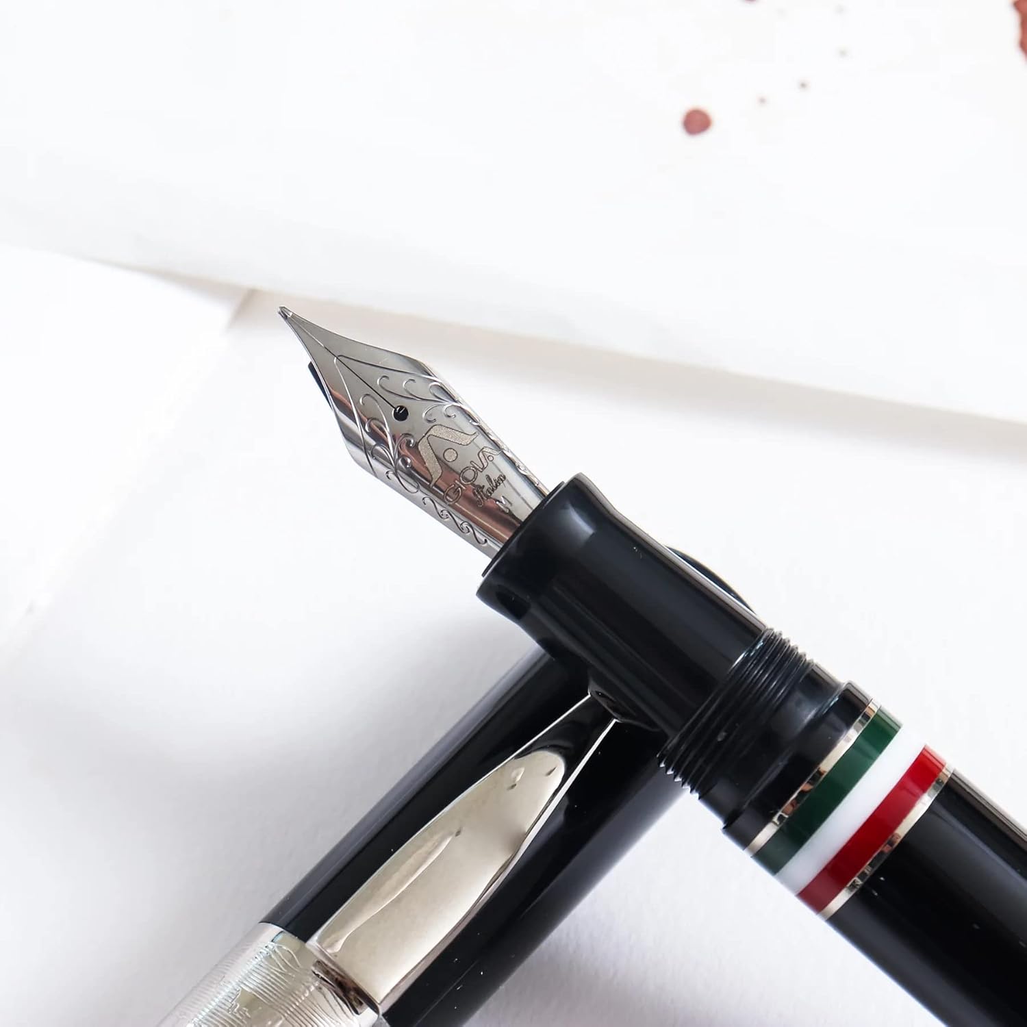 GIOIA Partenope Fountain Ink Pen and Rollerball Pen with an Interchangeable Grip Section, Black Resin Barrel & Cap with Rhodium Plated Broad Nib and Trims