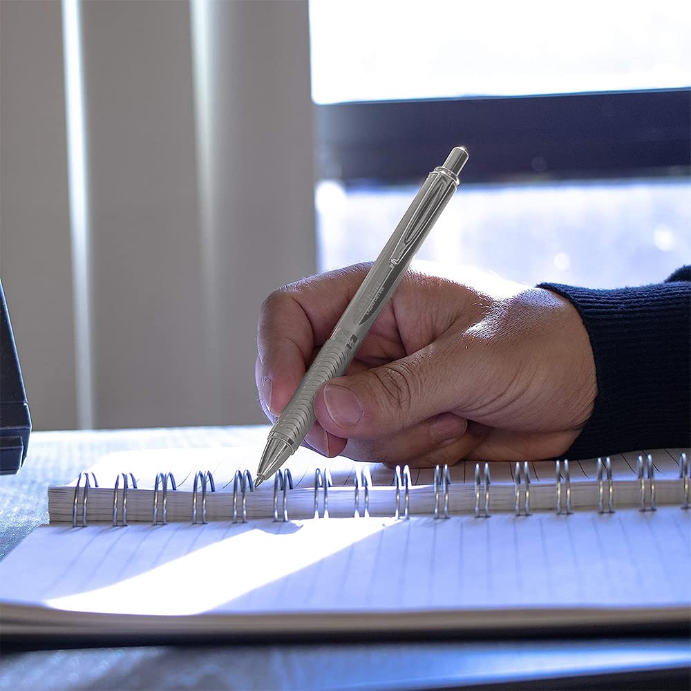 Pentel EnerGel 0.7 MM Roller Gel Pen | Textured Grip With Retractable Mechanism | Classic Design With Silver Metal Body | 1 Pc Blister Pack | Silver Body Blue Ink (BL407Z)