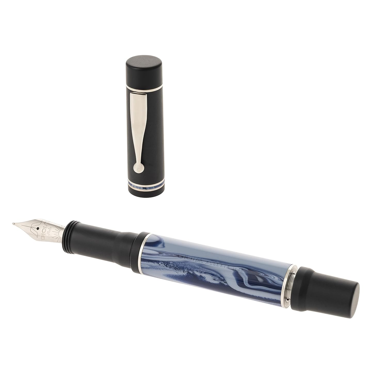 GIOIA Alleria Mare Fountain Ink Pen Blue-Black Resin Barrel & Cap with Rhodium Plated Broad Nib and Trims Piston Ink Filling System-Does Not Support Cartridge/Converter