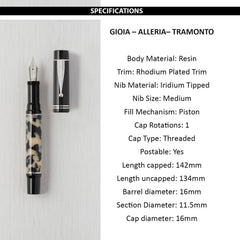 GIOIA Alleria Tramonto Fountain Ink Pen Black Resin Barrel & Cap with Rhodium Plated Medium Nib and Trims,Piston Ink Filling System-Does Not Support Cartridge/Converter
