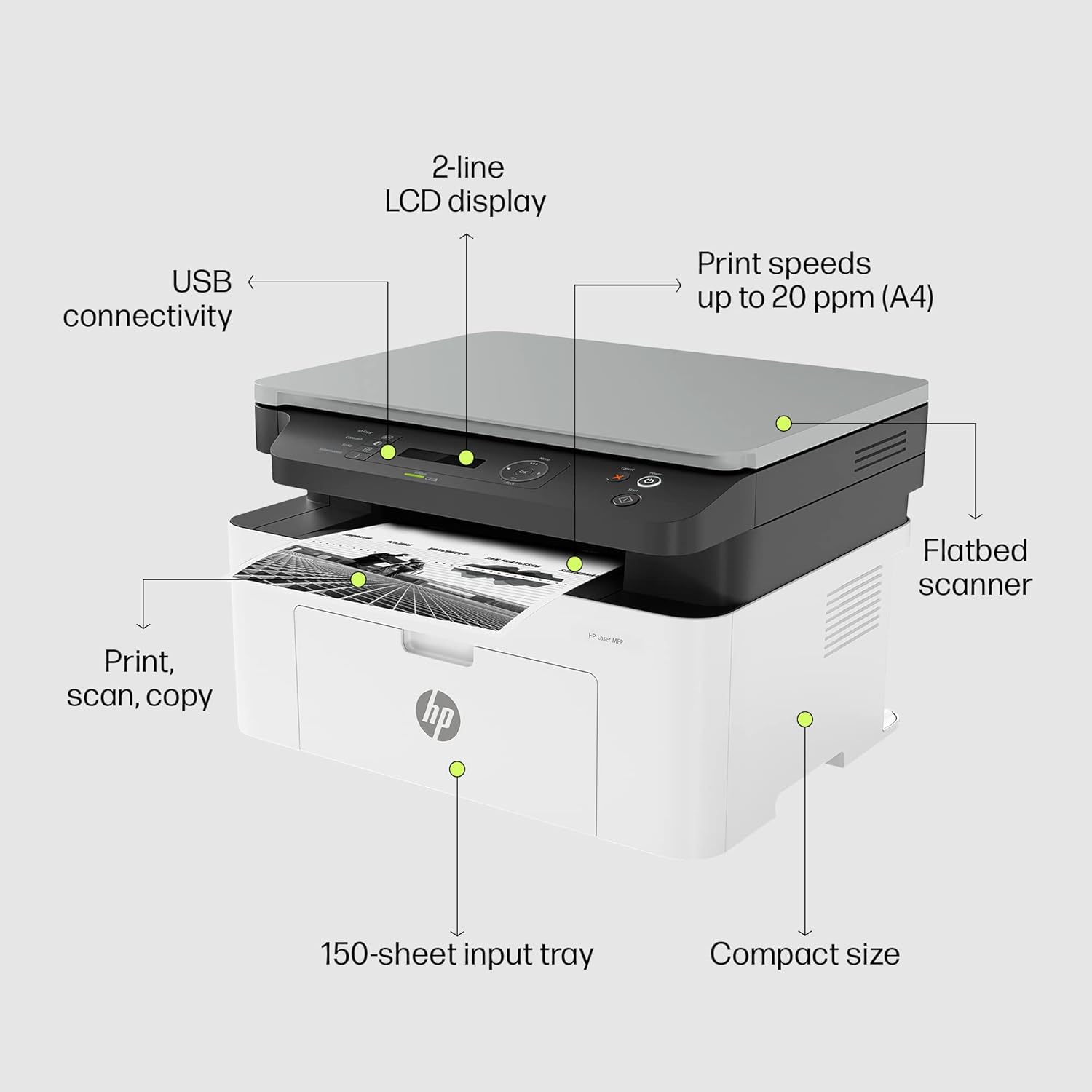 HP Laser MFP 1188a, Print, Copy, Scan, Hi-Speed USB 2.0, Up to 21 ppm, 150-sheet Input Tray, 100-sheet Output Tray, 10,000-page Duty Cycle, 1-Year Warranty, Black and White, 715A2A