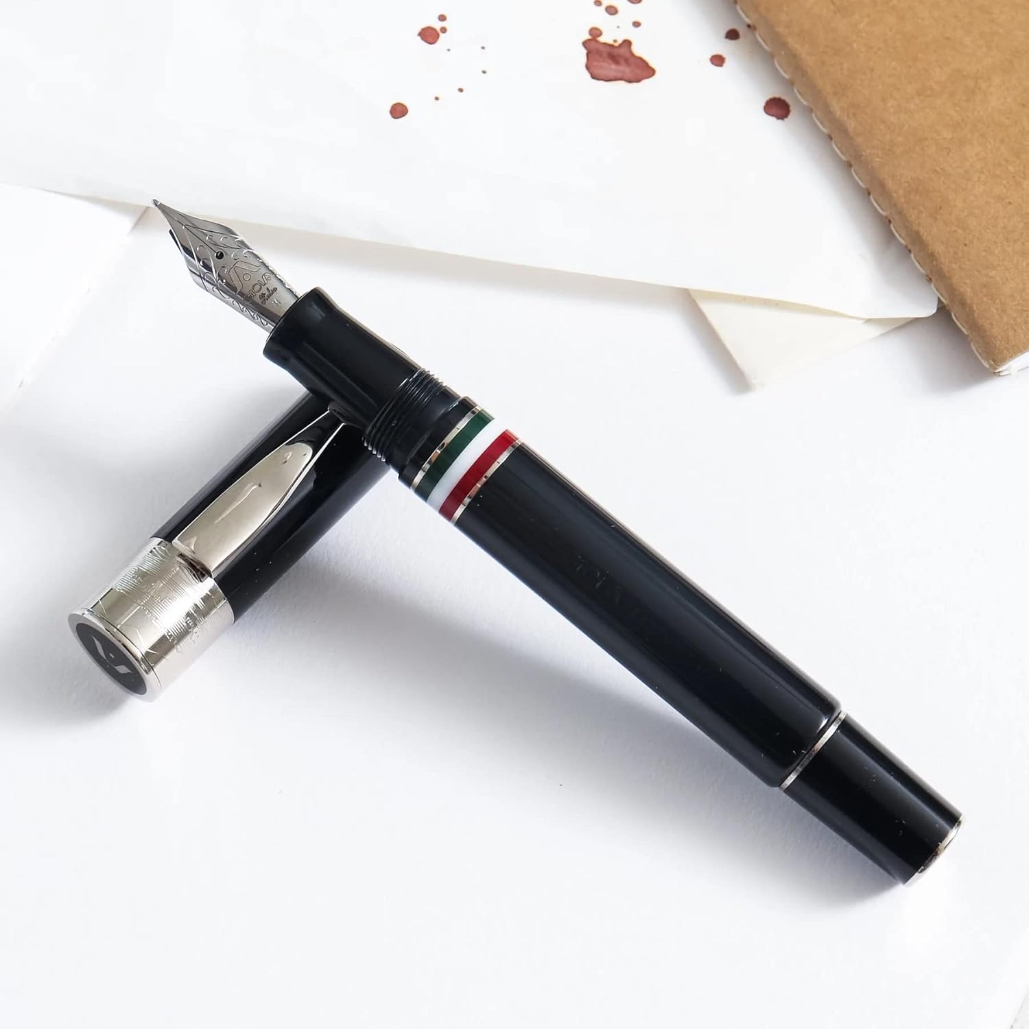GIOIA Partenope Fountain Ink Pen and Rollerball Pen with an Interchangeable Grip Section, Black Resin Barrel & Cap with Rhodium Plated Broad Nib and Trims