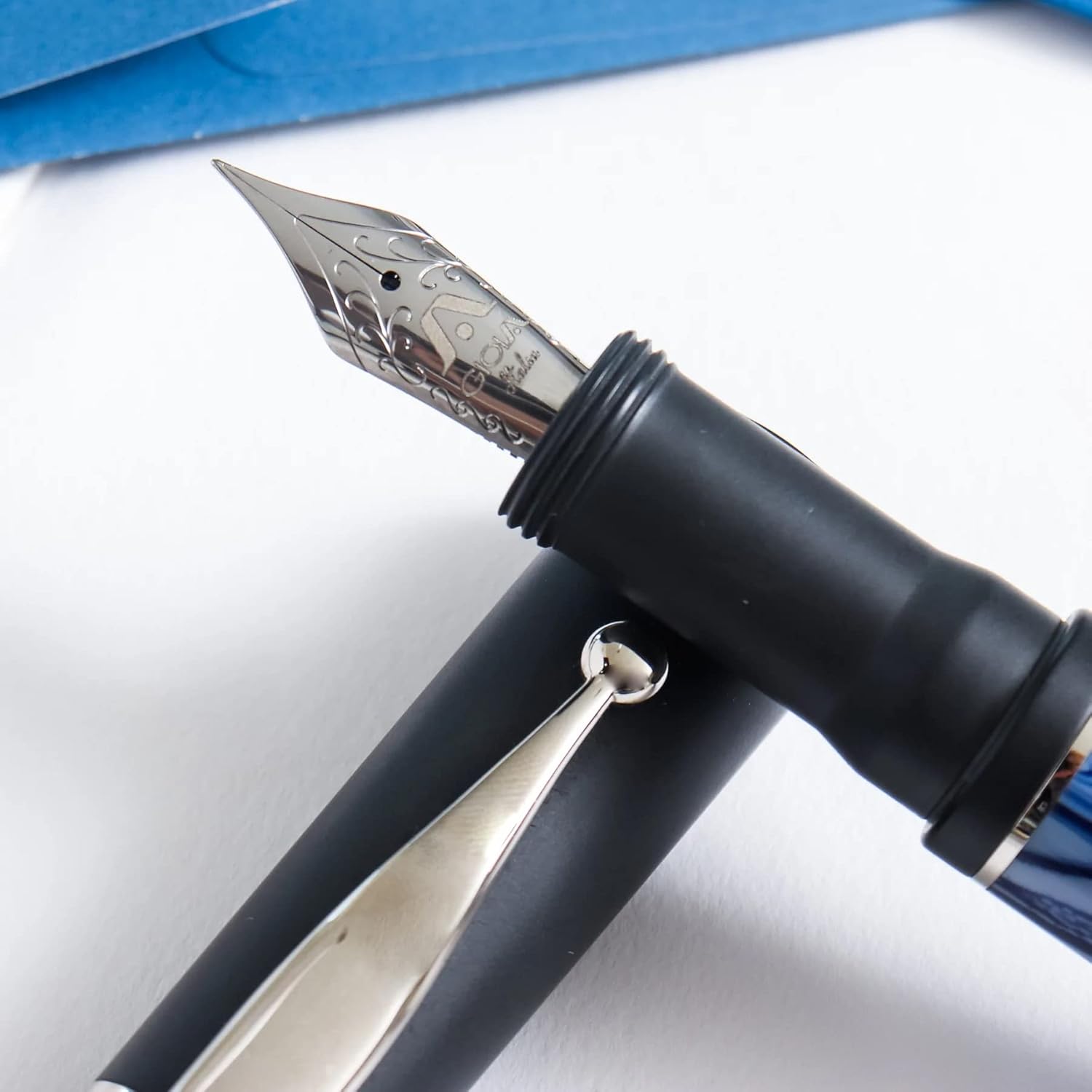 GIOIA Alleria Mare Fountain Ink Pen Blue-Black Resin Barrel & Cap with Rhodium Plated Broad Nib and Trims Piston Ink Filling System-Does Not Support Cartridge/Converter