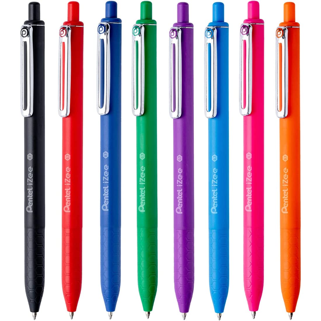 Pentel IZee Click 0.7 MM Retractable Ball Point Pen | Honeycomb Grip for Better Control & Stress-Free Writing | Metal Clip for Professional Look | Blue, Pack of 8 (BX467)