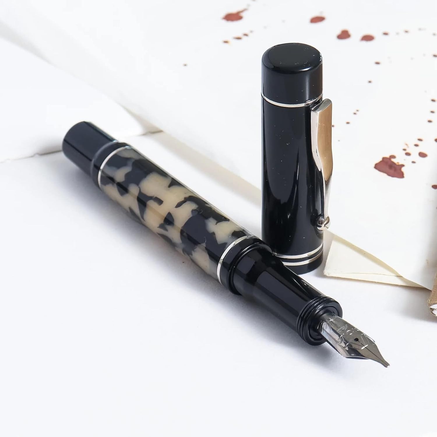 GIOIA Alleria Tramonto Fountain Ink Pen Black Resin Barrel & Cap with Rhodium Plated Medium Nib and Trims,Piston Ink Filling System-Does Not Support Cartridge/Converter