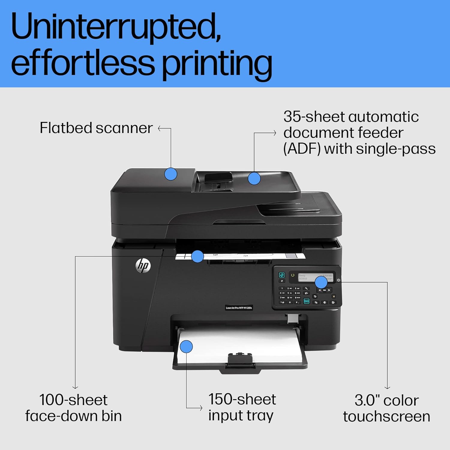 HP MFP M128fn LaserJet Printer: Print, Copy, Scan, Automatic Document Feeder, Ethernet, Fast Printing Upto 20ppm, Easy and Secure Setup, 3 Year Warranty
