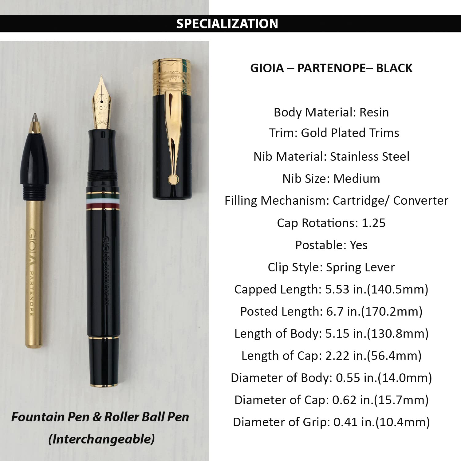GIOIA Partenope Fountain Ink Pen and Rollerball Pen with an Interchangeable Grip Section, Black Resin Barrel & Cap with Gold Plated Medium Nib and Trims
