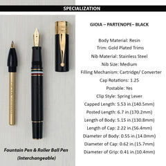 GIOIA Partenope Fountain Ink Pen and Rollerball Pen with an Interchangeable Grip Section, Black Resin Barrel & Cap with Gold Plated Medium Nib and Trims