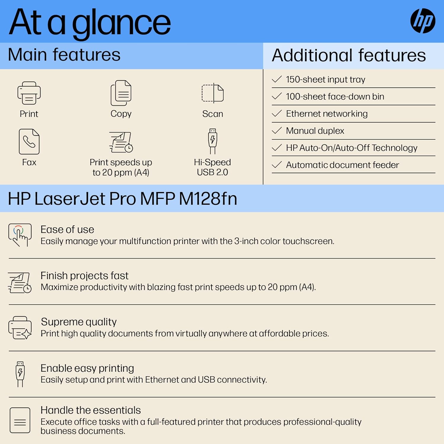 HP MFP M128fn LaserJet Printer: Print, Copy, Scan, Automatic Document Feeder, Ethernet, Fast Printing Upto 20ppm, Easy and Secure Setup, 3 Year Warranty