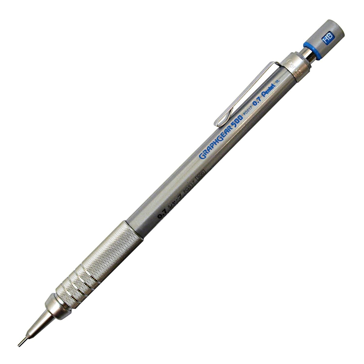 Pentel GraphGear 500 0.7 MM HB Mechanical Pencil | Lead Of Grade HB | Mini Interchangeable Eraser With Push Mechanism | Silver Plated Swing Grip | Pack Of 1 | Silver (PG517)