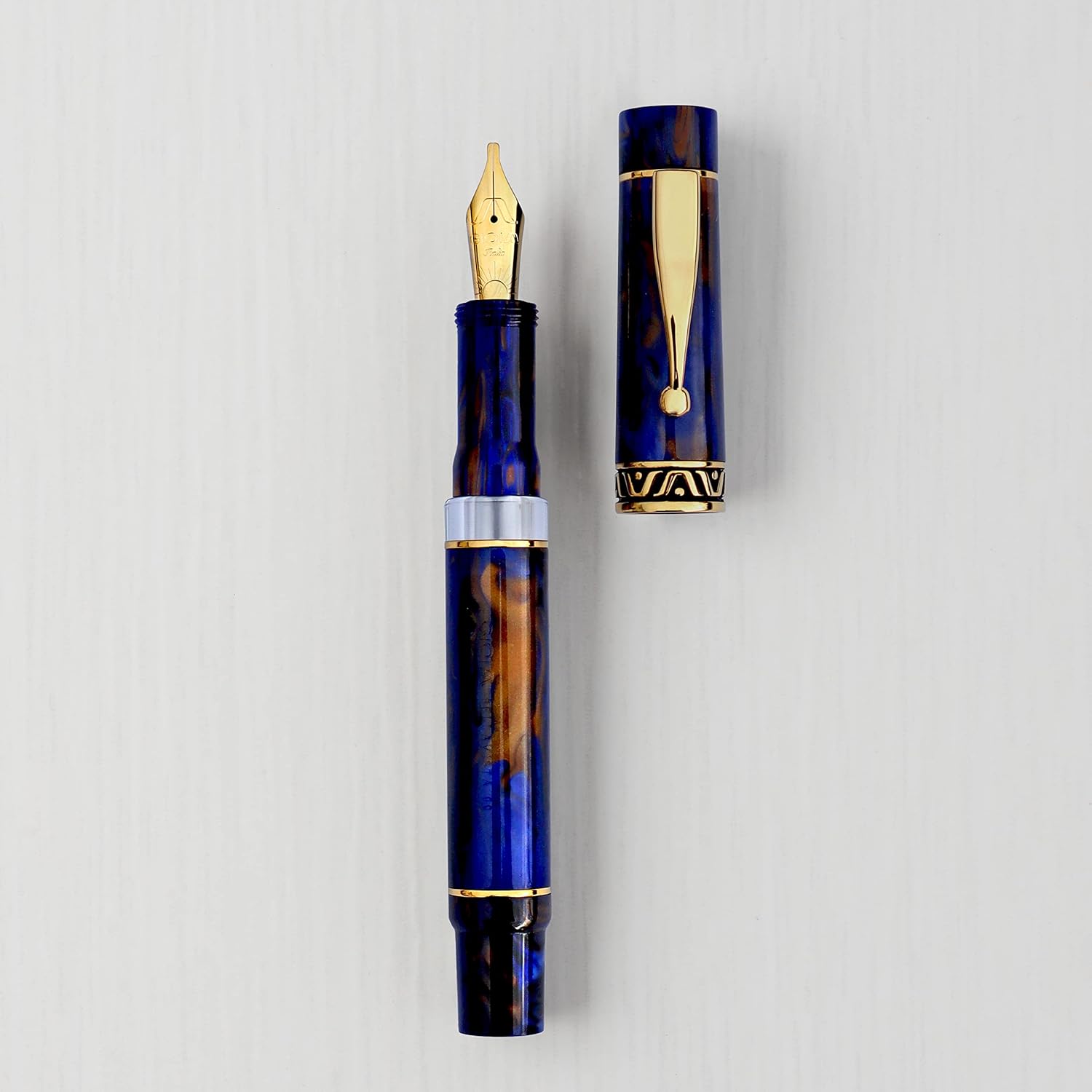 GIOIA Bellevista Crepuscola Fountain Ink Pen Blue-Brown Resin Barrel & Cap with Gold Plated Broad Nib and Trims,Piston Ink Filling System-Does Not Support Cartridge/Converter