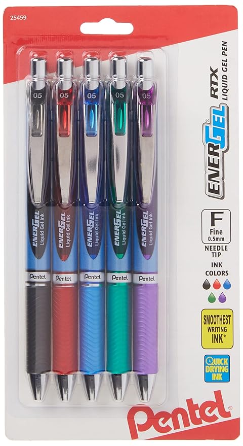 Pentel EnerGel RTX Retractable Liquid Gel Pen, 0.5mm, Metal Tip, Assorted Ink, Pack of 5 (BLN75BP5M)