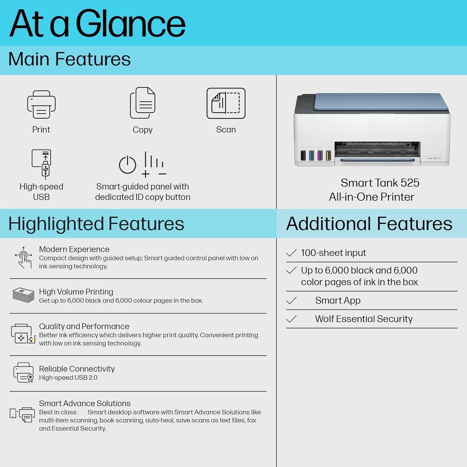 H P Smart Tank 525 All in one Colour Printer (Upto 6000 Black and 6000 Colour Pages Included in The Box). - Print, Scan & Copy for Office/Home