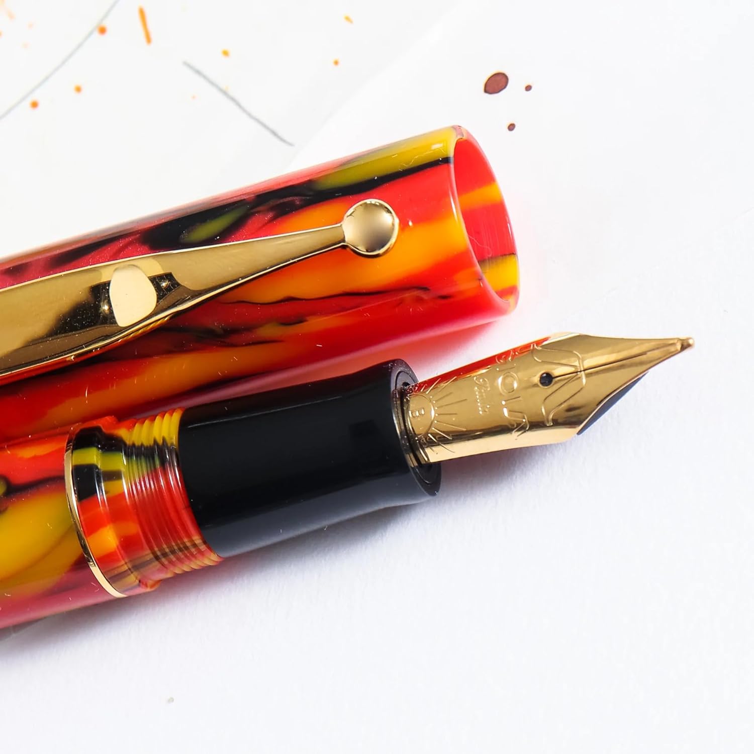 GIOIA Partenope Fountain Ink Pen and Rollerball Pen with an Interchangeable Grip Section, Fiamma Flame Resin Barrel & Cap with Gold Plated Fine Nib and Trims