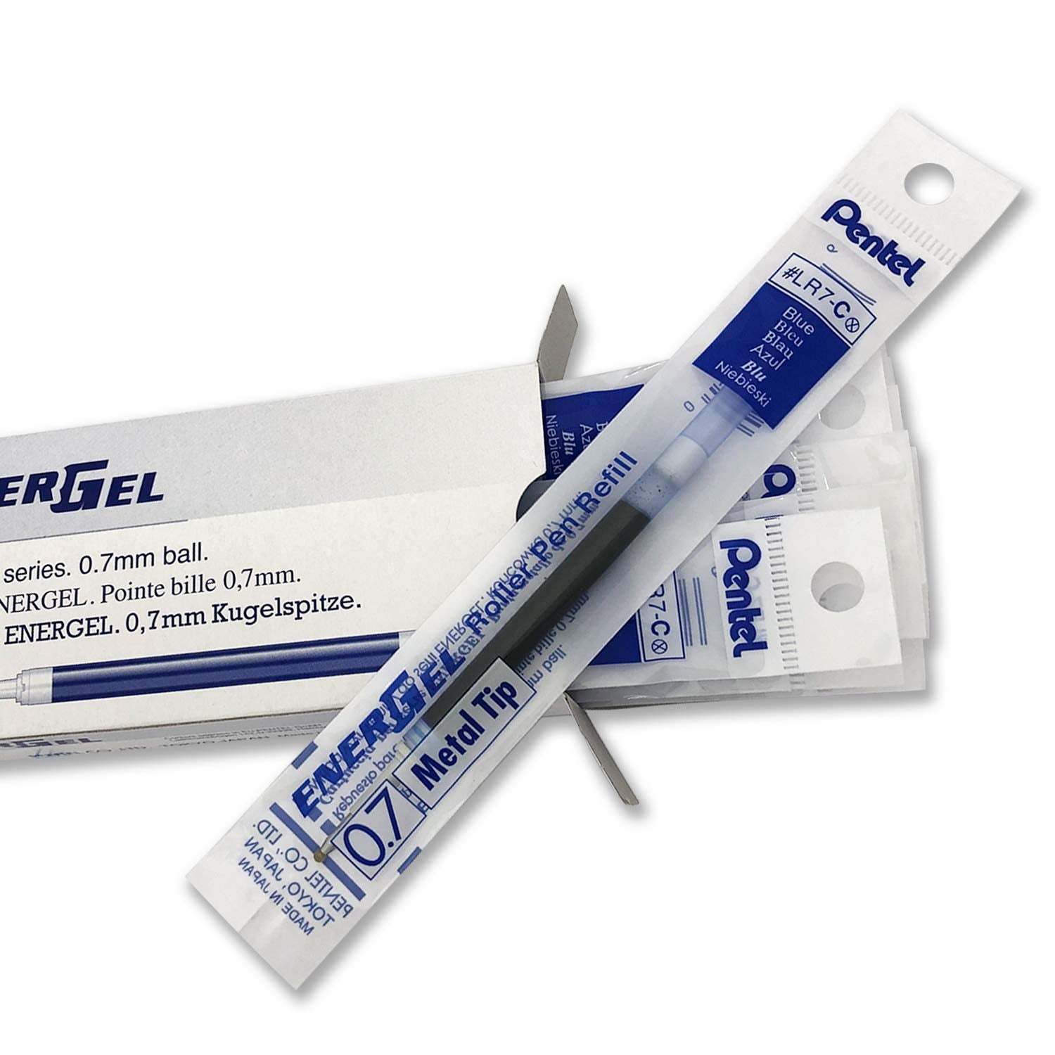 Pentel Energel BL417 Roller Gel Pen & Refills Combo | Quick Drying & Smudge-Proof Ink | 0.7mm Smooth Metal Tip | Set Of 5 Pens & 10 LR7 Refills, Blue Ink